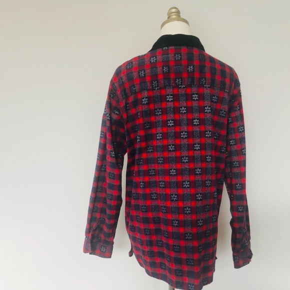 Red Black Plaid Shirt Large Black Corduroy Collar Basic Editions Holiday - Picture 5 of 8